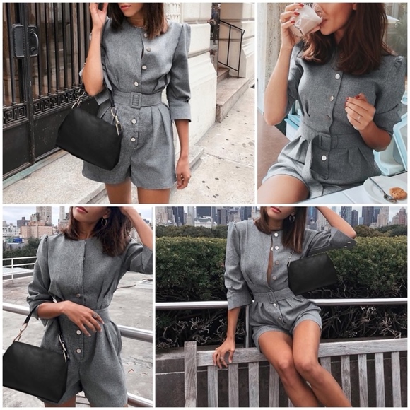 Belted Buttoned Office Grey Short Romper - Picture 4 of 9